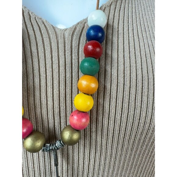 Colorful Wooden Bead Necklace With Brass Accents & Arrow Pendant On Leather Cord - Picture 9 of 16